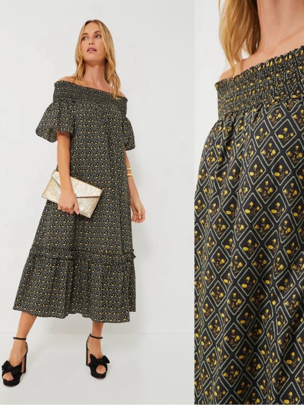 Hyacinth House Capri black floral smocked off-the-shoulder maxi dress Small